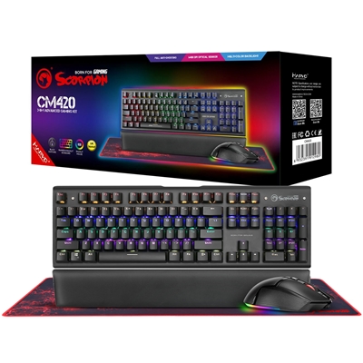Marvo Scorpion CM420-UK 3-in-1 Gaming Bundle, Keyboard, Mouse and Mouse Pad Wired USB 2.0, RGB, Mechanical, Blue Switch, Multimedia and Anti-ghosting Keys, UK Layout, 6400 dpi, Programmable RGB Mouse
