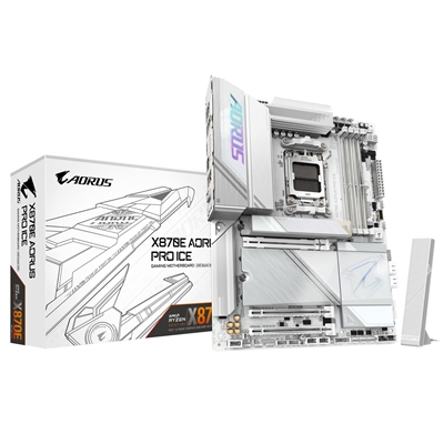 Gigabyte X870E AORUS PRO ICE AMD AM5 Socket Motherboard, ATX, 4x DDR5 Slots, 4x M.2 Sockets, 3x USB-C Port, Fitted I/O Shield, 2.5GbE LAN, Wi-Fi 7, 2x HDMI Port / 2x USB-C (USB4)