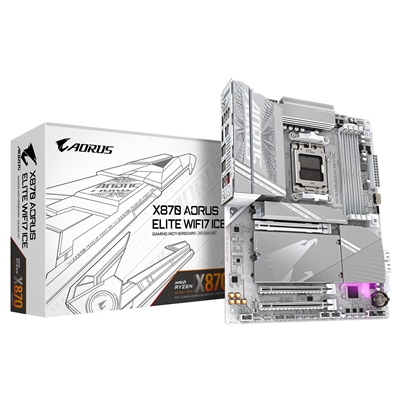Gigabyte X870 AORUS ELITE WIFI7 ICE AMD AM5 Socket Motherboard, ATX, 4x DDR5 Slots, 4x M.2 Sockets, Fitted I/O Shield, 2.5GbE LAN, Wi-Fi 7, 1x HDMI Port / 2x USB-C (USB4)