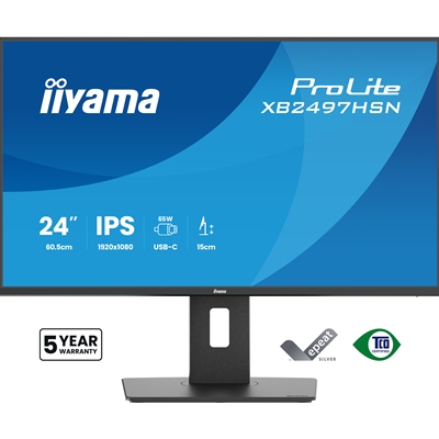 iiyama XB2497HSN-B1 24" IPS LCD USB-C Dock Display with 65W Charging, 4ms (1ms MPRT, Full HD 1920x1080, 350 cd/m2 Brightness, RJ45, 1x HDMI,1 x DisplayPort In, 1 x DP-OUT(MST), USB Hub 2x USB 3.0 + 2x USB-C (7.5W), 2W Speakers, Height Adjustable Stand, TU